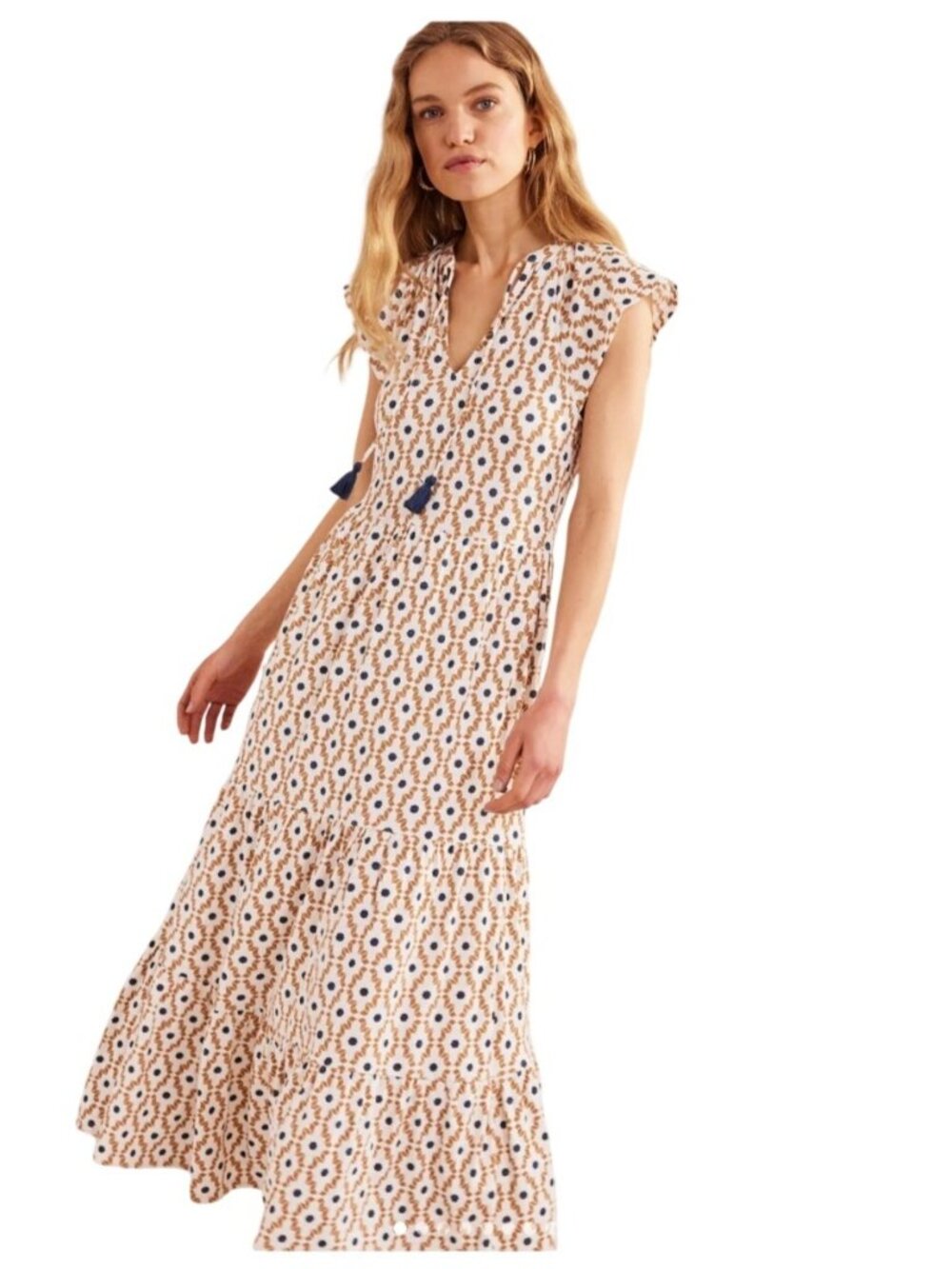 Boden Dorset Cream Geo Diamond Tiered Jersey Midi Dress Size 14R